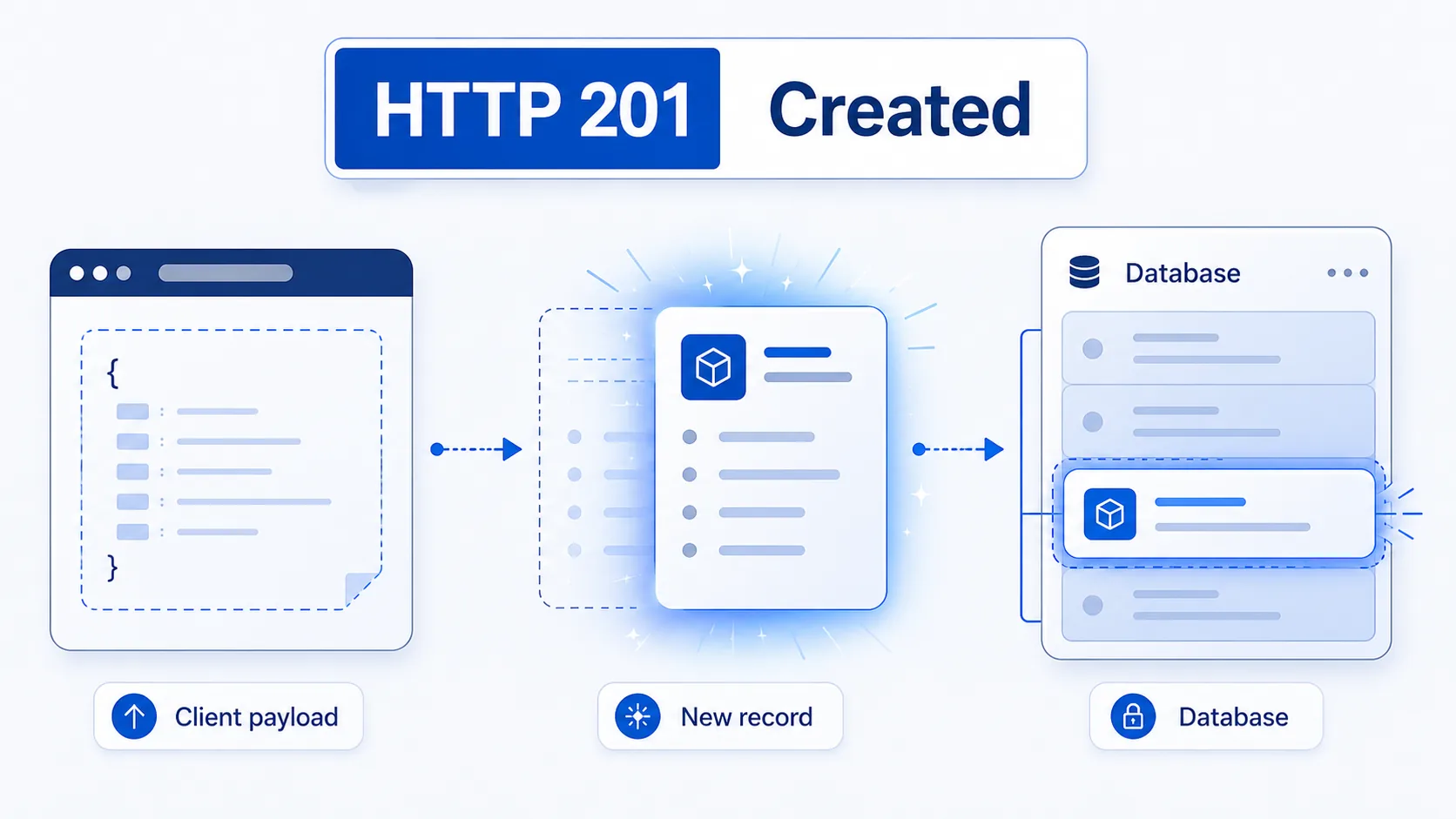 HTTP 201 visual summary showing data submitted by the client results in a newly instantiated object or record.