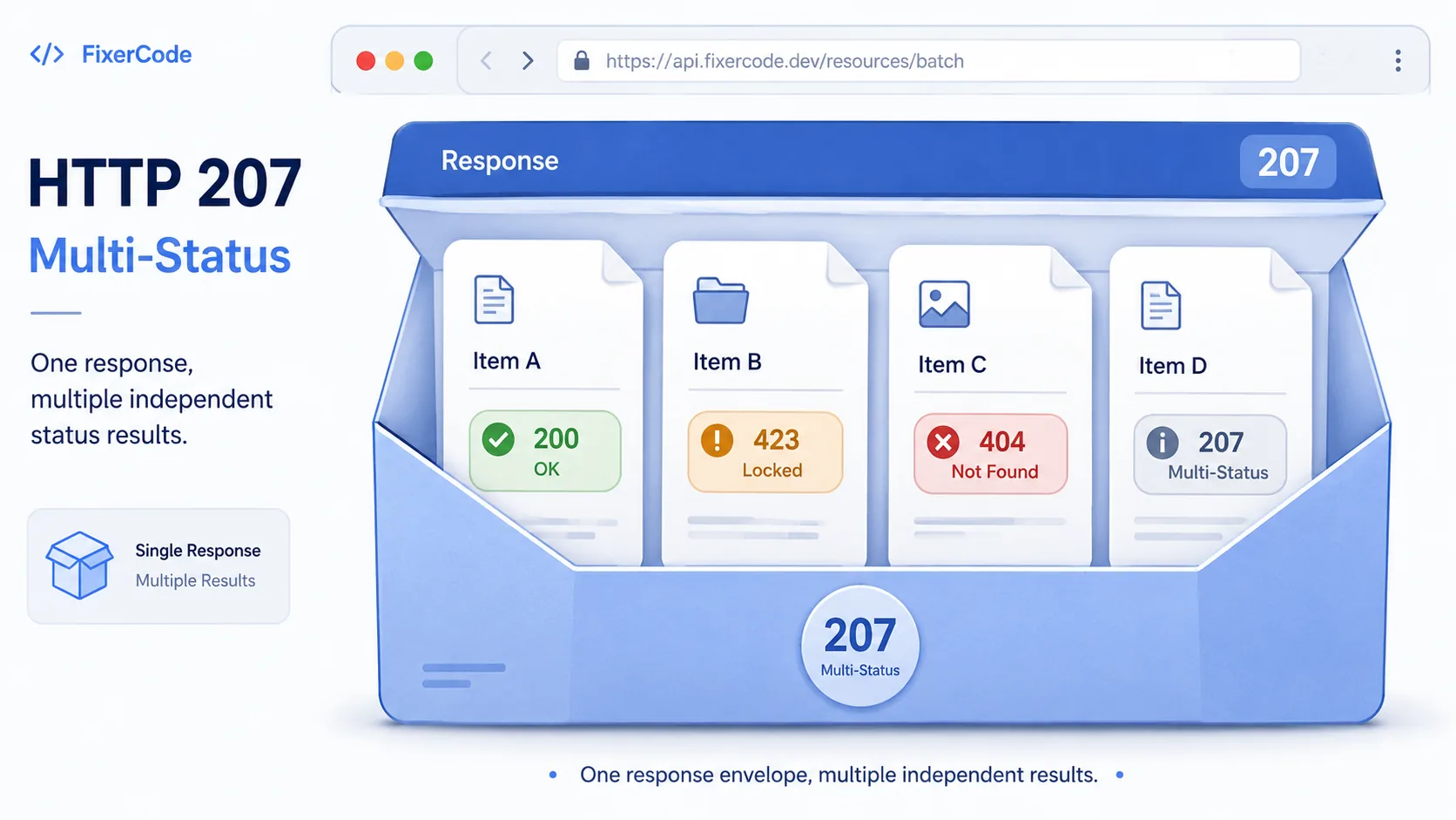 HTTP 207 visual summary showing a multi-part response package where each sub-item has its own status badge.